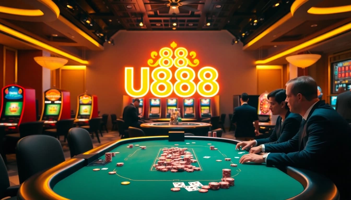 Experience the excitement of U888 with a vibrant poker table and engaging gameplay.