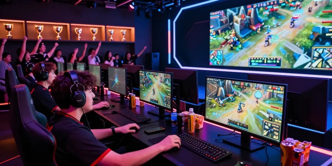 Tim profesional dalam arena esports bermain permainan ligagalaxy dengan semangat tinggi.