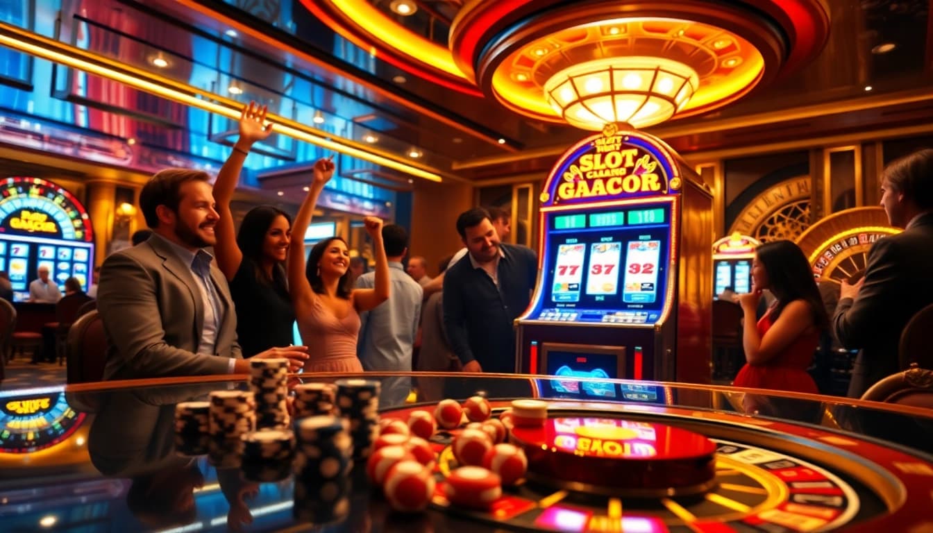 Players winning big on a Slot Gacor machine in a luxurious casino, surrounded by chips and dice.