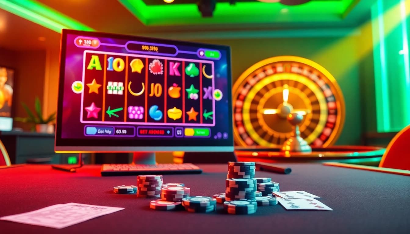 Exciting online gambling scene showcasing a vibrant link slot pulsa interface with colorful reels and poker chips.