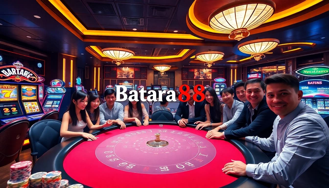 Batara88 players enjoying a thrilling poker game in an upscale casino environment.