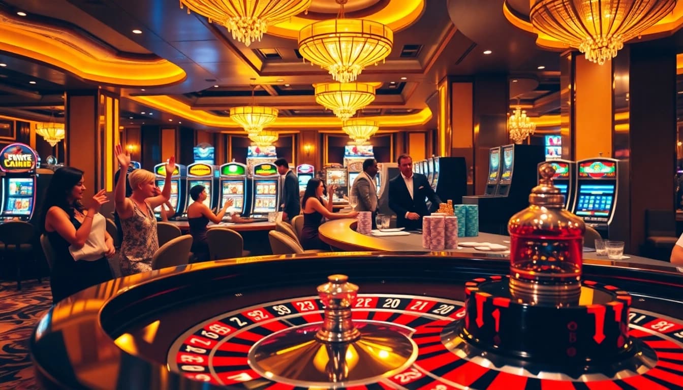 Players enjoying a thrilling roulette game at the S8 casino, surrounded by vibrant slot machines.