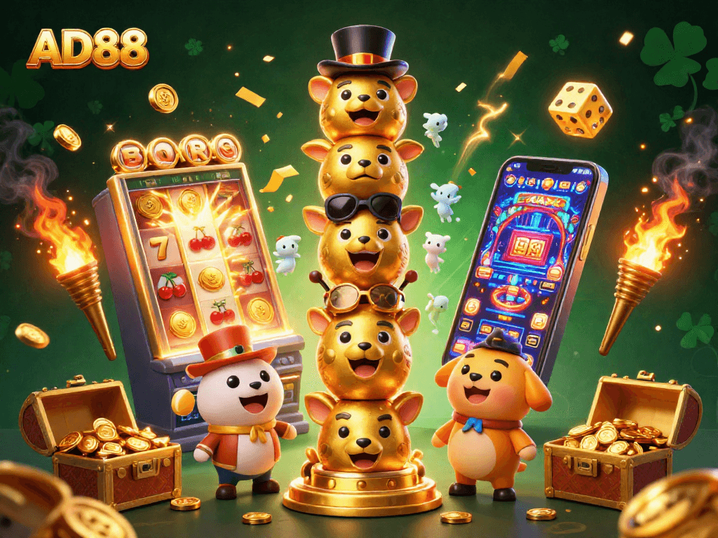 Experience excitement with AD88 in a vibrant casino scene featuring animated characters and a jackpot explosion