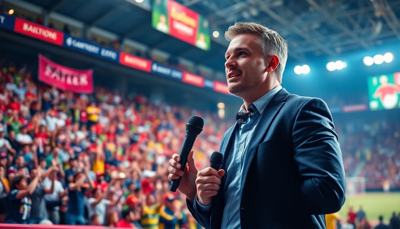 Dynamic sports broadcaster engaging fans during a live Sports Broadcasting event in a vibrant stadium atmosphere.