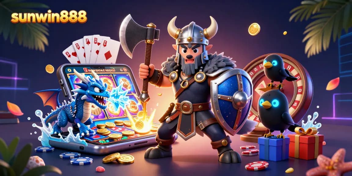 Engage with thrilling slots at sunwin888, featuring a Viking warrior and dragon in action.