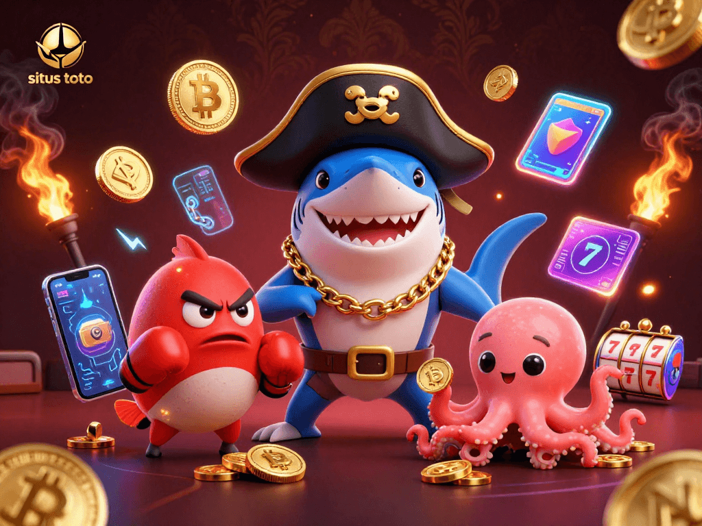 Gambarlah situs toto yang menampilkan hiu bajak laut kartun 3D dan elemen kasino yang menarik.
