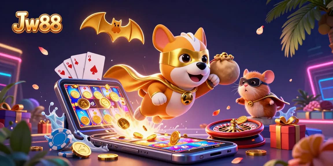 Experience Jw 88 through an exciting 3D illustration of gambling adventures with a superhero dog and vibrant casino elements.