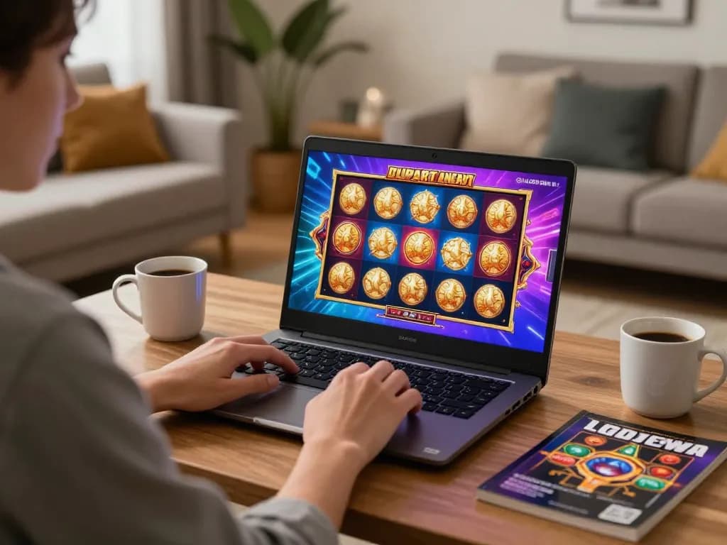 Engaging in online slots at home with LGODEWA, showcasing a player's exciting gaming experience