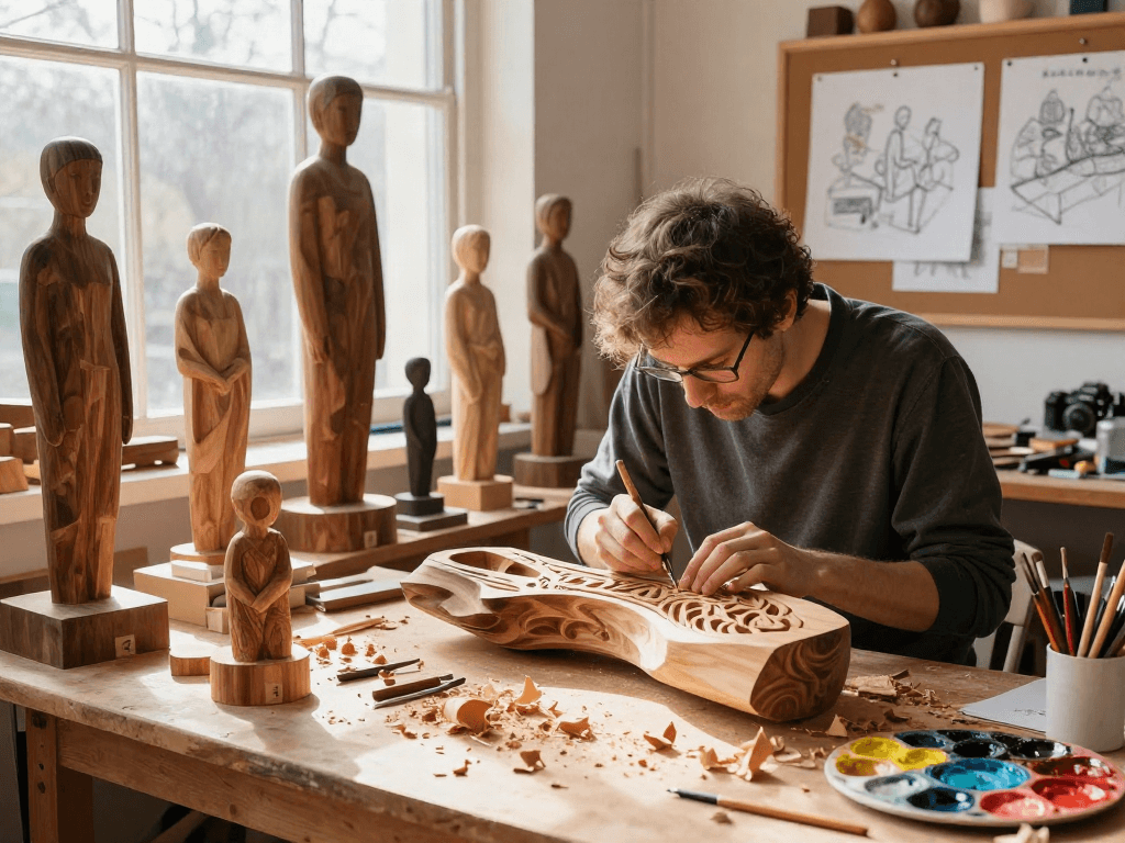 Proses pembuatan seni ukiran kayu oleh alexistogel di studio kreatif.