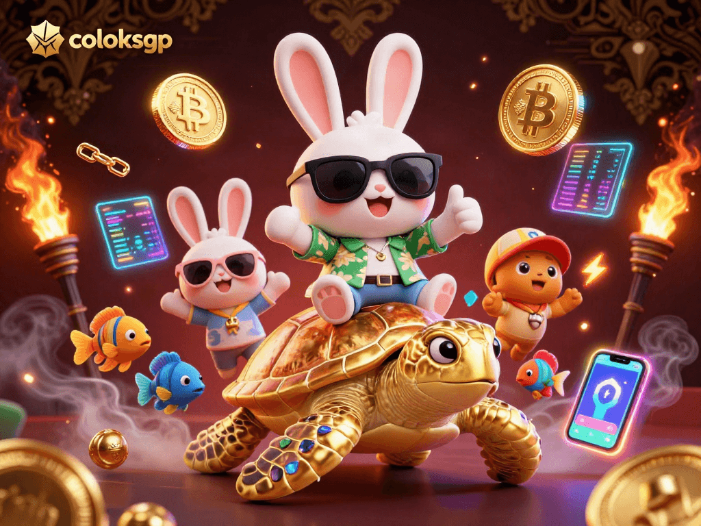 Menangkan permainan di coloksgp dengan ilustrasi kartun 3D kelinci hoki dan kura-kura emas.