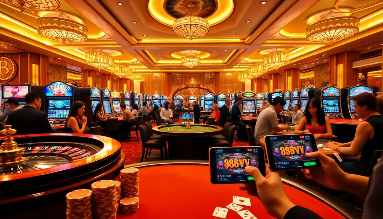 Experience excitement with 88vv as players gamble at luxury casino tables and vibrant slot machines.