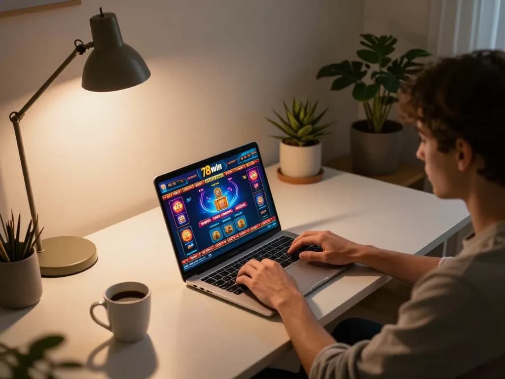 Player engaging with 78win's online casino games from a stylish home setup, showing gaming interface on laptop.