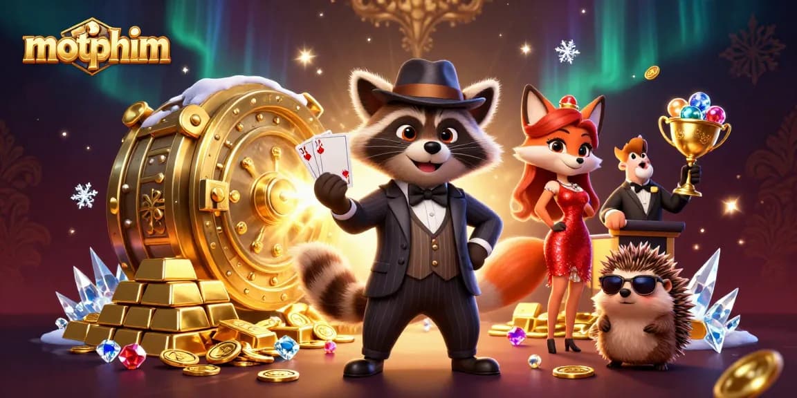 Experience the thrill of motphim gaming with a lavish casino scene showcasing animated characters and vibrant treasures.