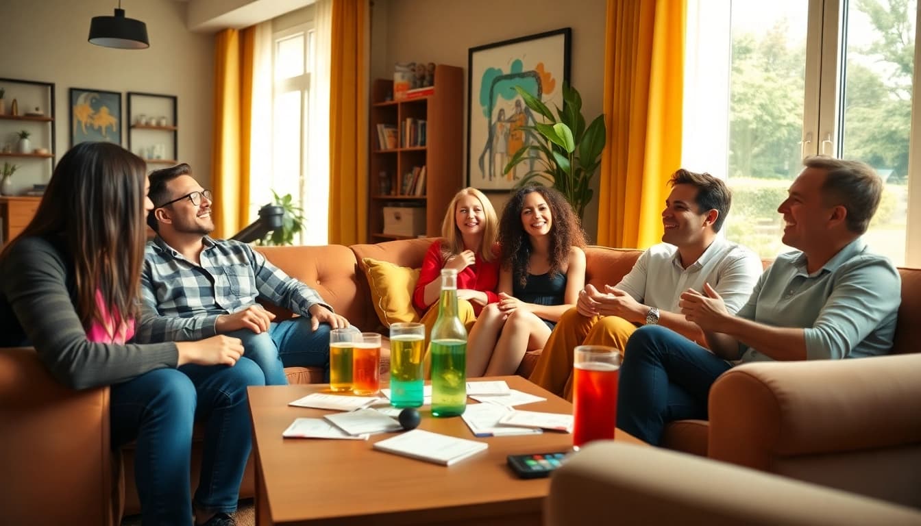 Engaged friends answering a trivia question during a lively game night.