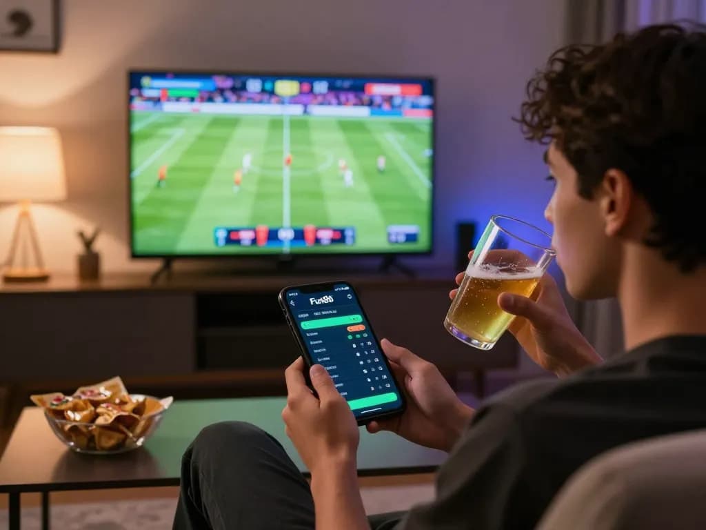 Engaging user placing bets on the Fun88 app while watching live sports action at home.