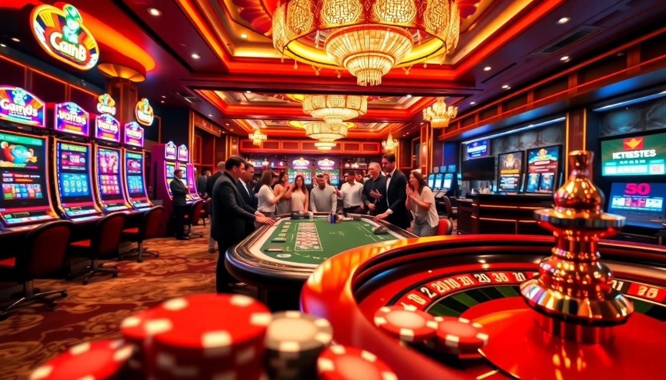 Exciting casino scene at xin88 featuring vibrant slot machines and poker tables.