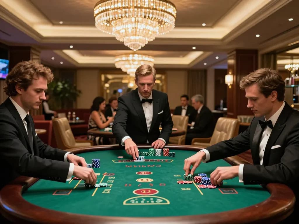 Players enjoying high-stakes blackjack at LGOGOAL in a luxurious casino setting, vibrant atmosphere.