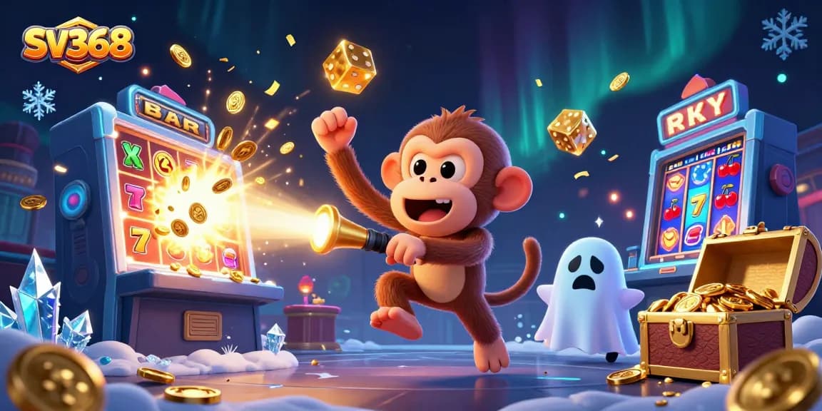Win big at SV368 with a playful poltergeist monkey juggling golden coins in a thrilling casino