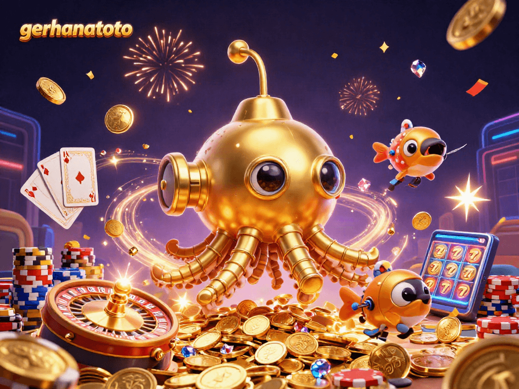 Gerhanatoto menampilkan kapal kraken emas dan banyak koin dalam permainan kasino online yang meriah.