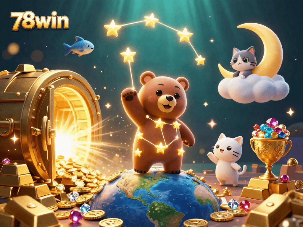 Engage with 78win's vibrant casino scene featuring a golden star bear and dazzling treasures.