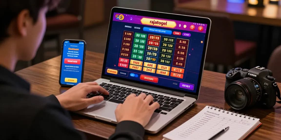 Pengguna rajatogel sedang terlibat dalam taruhan langsung di platform togel online dengan laptop di meja, catatan strategi dan grafik peluang di layar.