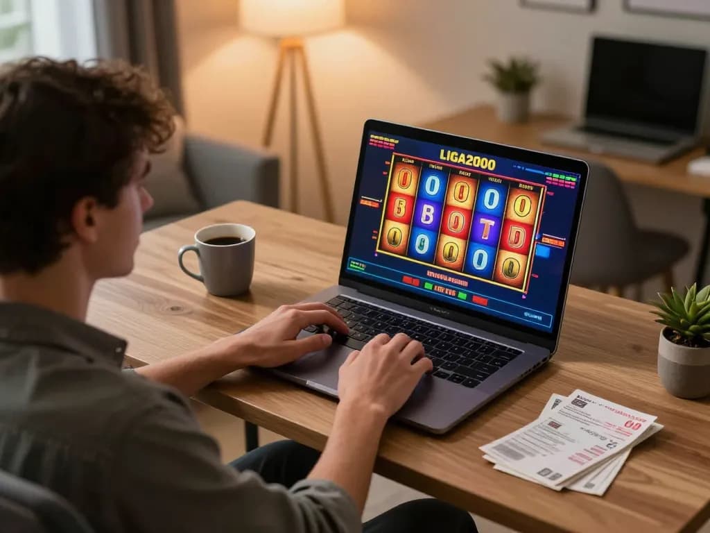 LIGA2000 player engaging with online slots on a laptop in a cozy home office.