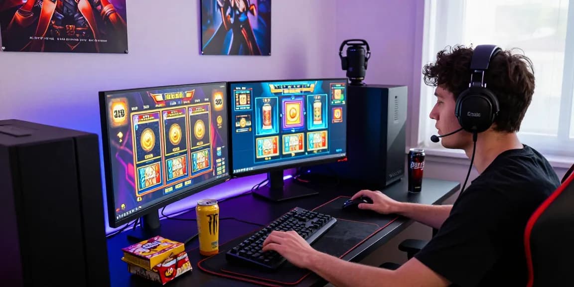 Gamer menikmati permainan slot gacor di ruang gaming dengan monitor cerah dan peralatan gaming.