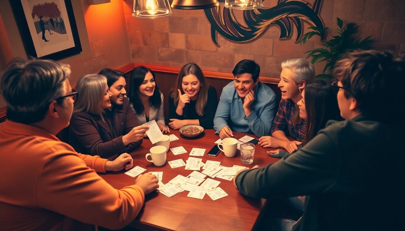 People enjoying a trivia question game at a table, lively atmosphere with trivia cards.
