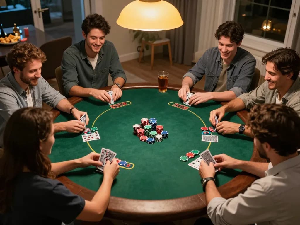 Nego77 players strategizing during an exciting home poker night, showcasing vibrant poker chips and competitive atmosphere.