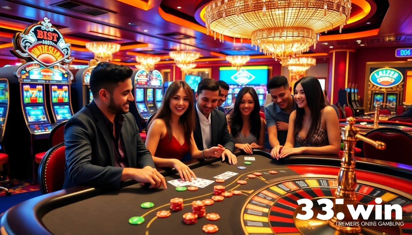 33win players celebrate winning at a luxurious casino table with vibrant chips and cards.