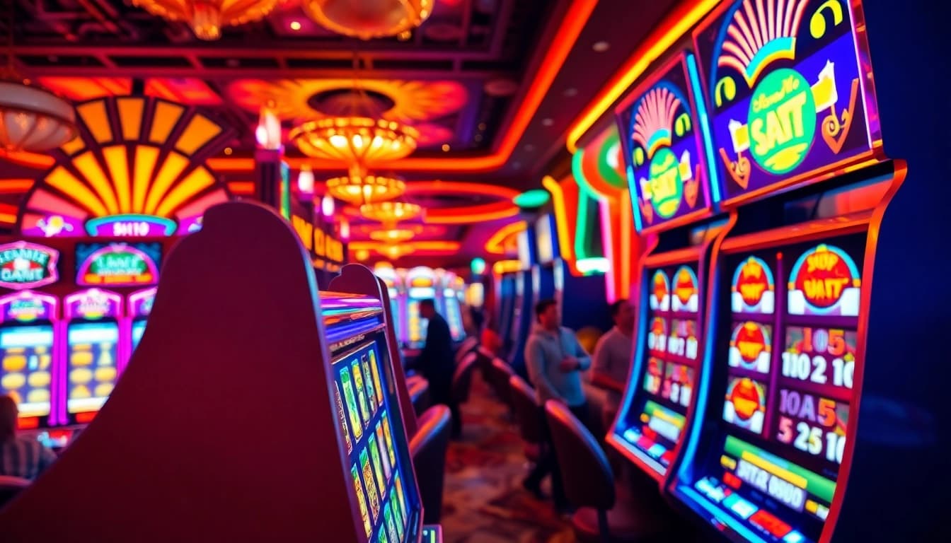 Slot mesin kasino berwarna-warni dengan pemain bahagia di sekitarnya.