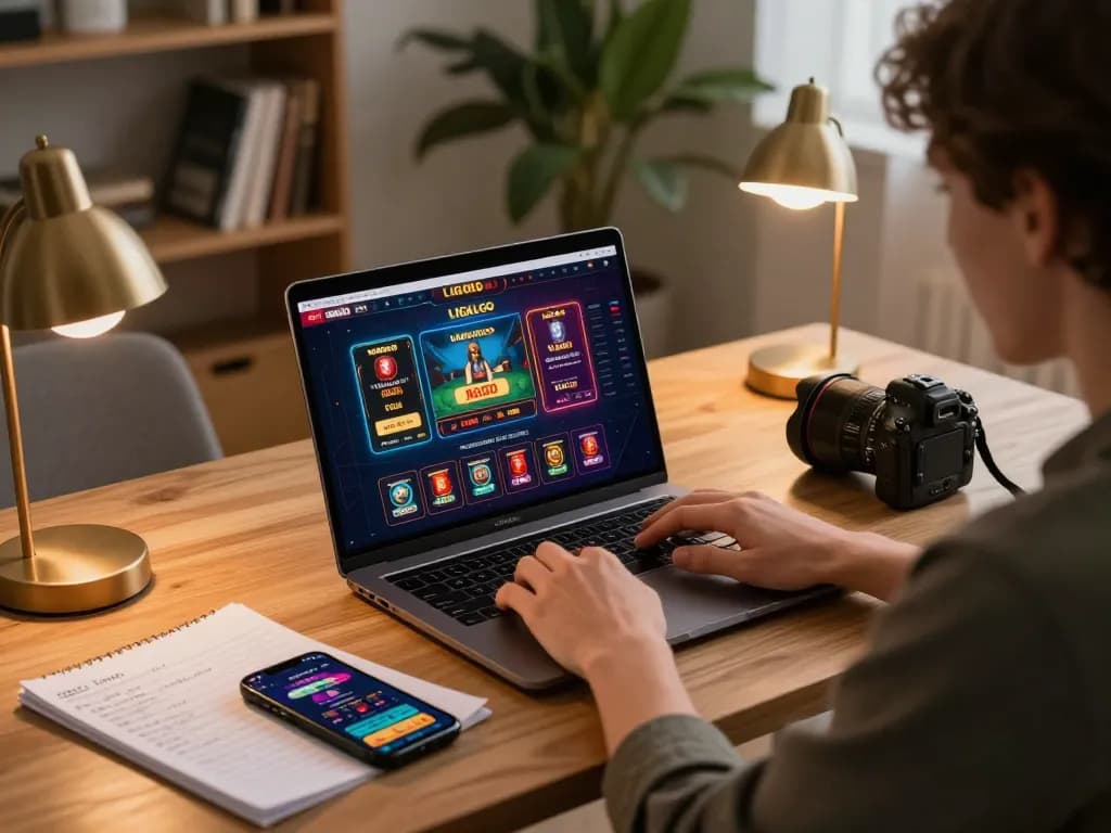 LIGALGO user engaged in online casino gaming at a stylish desk, showcasing vibrant games and strategic notes for better odds.
