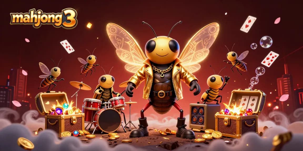 Play immersive mahjong 3 with a vibrant background featuring a rock star cicada in a casino scene.