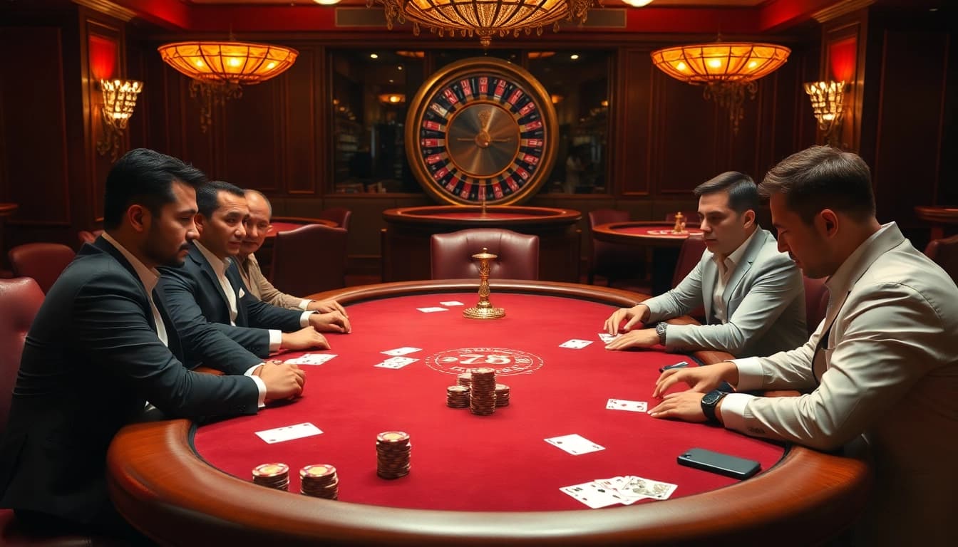 Players strategize and bet on the thrilling 789f game at an elegant poker table in a luxurious casino setting.