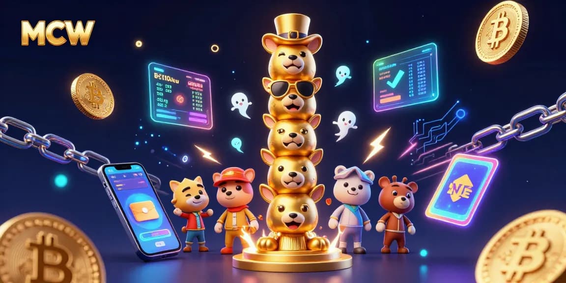 Enhance your gameplay with MCW's casino app, featuring vibrant illustrations of animal-themed elements and crypto coins.