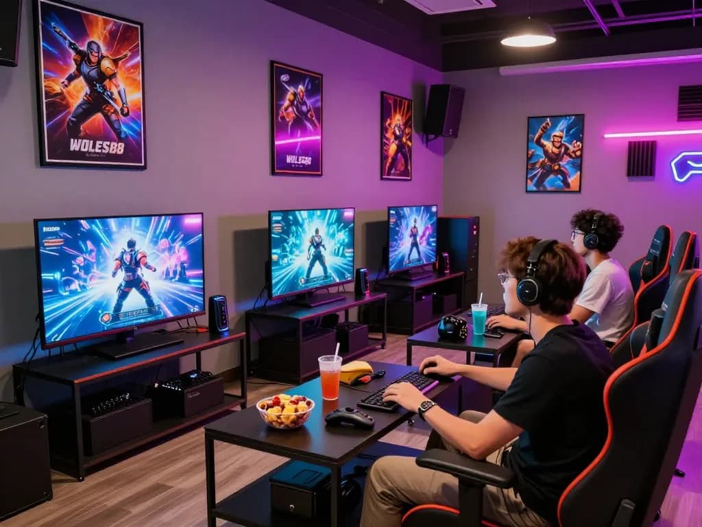 Engaging scene of friends enjoying WOLES88 in a modern gaming lounge with vibrant LED lights.
