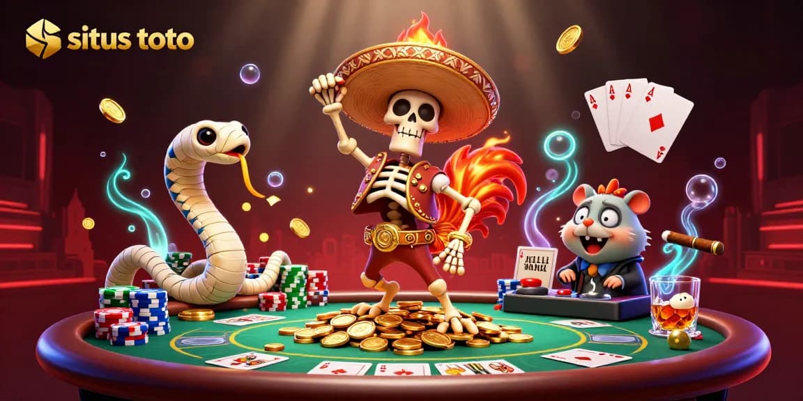 Gambarkan situs toto di tempat perjudian dengan karakter unik dan simbol permainan yang penuh warna.