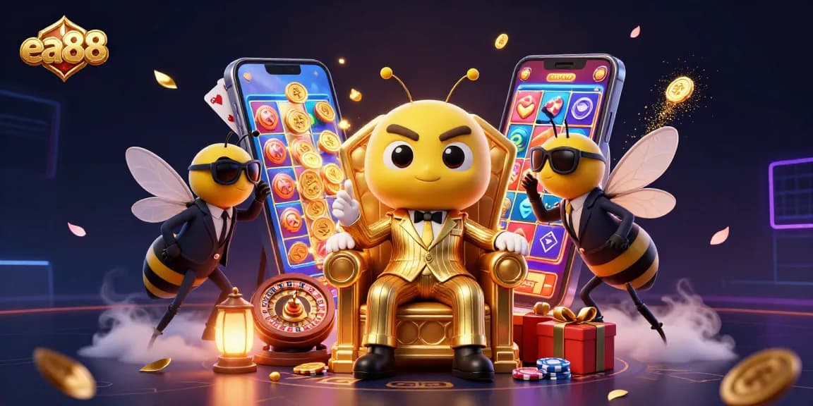 ea88 casino illustration with a bumblebee mob boss surrounded by games and treasures