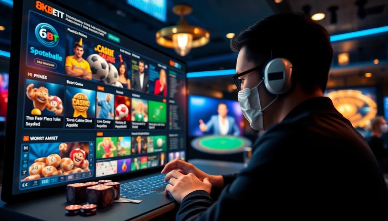 8KBET online betting interface showcasing casino games and sports, evoking excitement and trust.