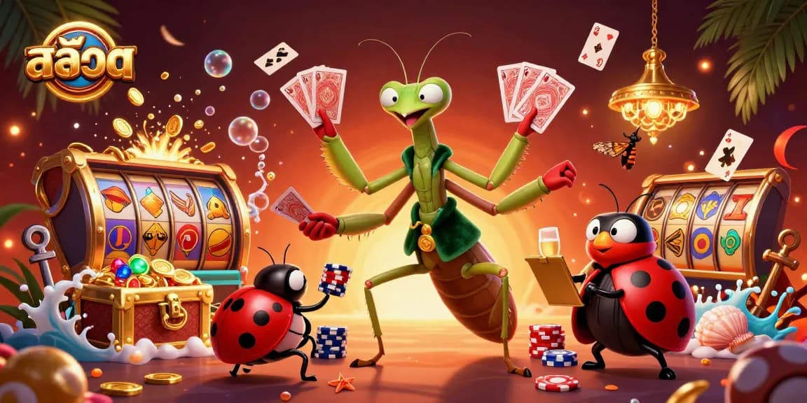 Engaging illustration of 슬롯 gameplay featuring a giant mantis card sharp and ladybug pit boss