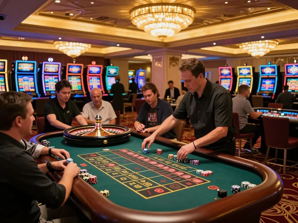 Pemain di meja roulette memasang taruhan dalam suasana kasino m88 yang hidup dengan dekorasi mewah