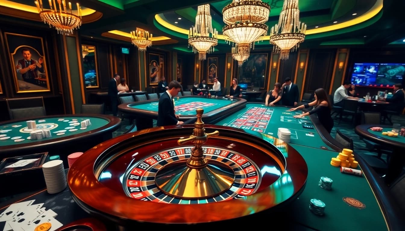 Exciting C168 online gambling scene with casino tables, cards, and roulette wheel.