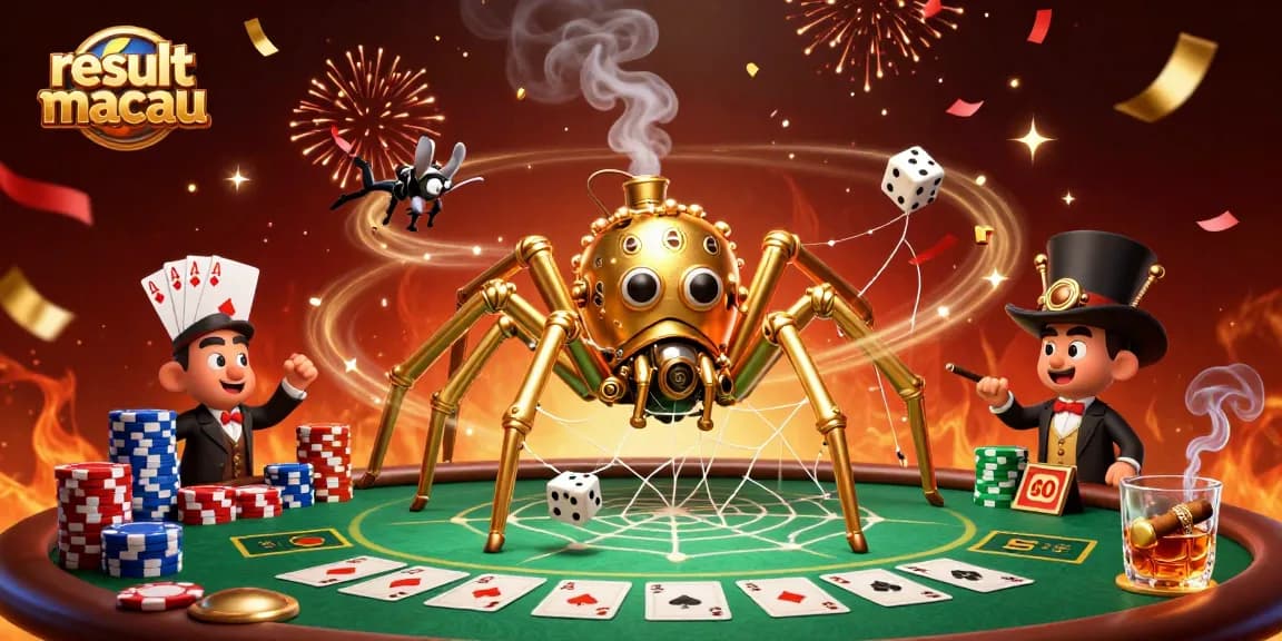Bermain dengan hasil dari result macau ditunjukkan oleh laba-laba steampunk emas yang menangkap dadu sial.