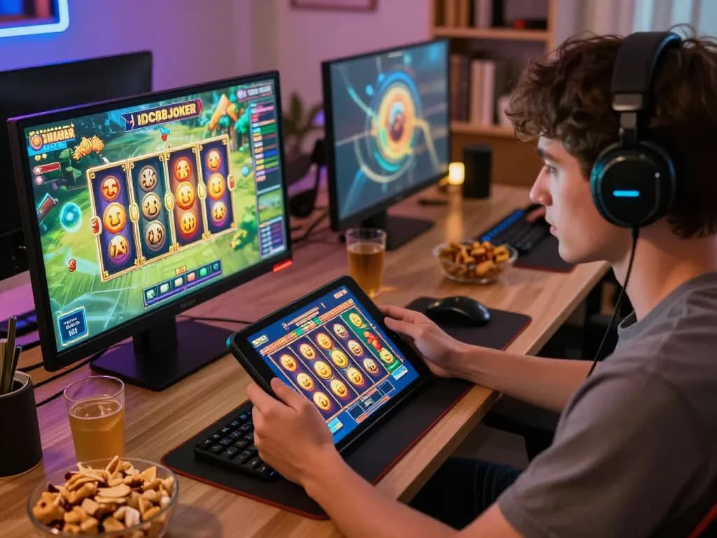 Engaging gameplay session on IDC88JOKER platform with animated slot reels visible.