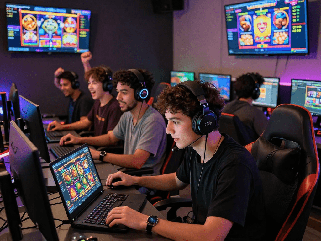 Exciting group of players enjoying slot gacor games while tracking real-time RTP statistics in a vibrant gaming lounge.