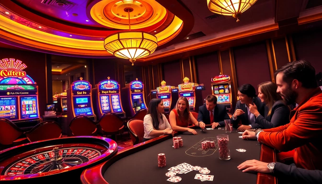 Enjoying a vibrant game at Luckywin's luxurious casino floor with roulette and slot machines.
