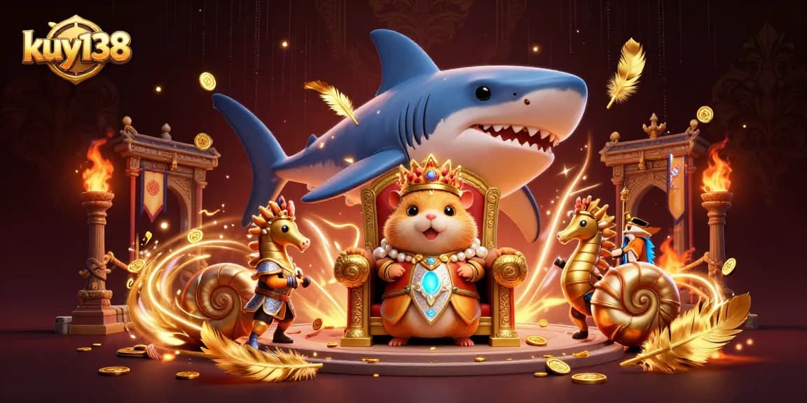 Kuy138 menghadirkan gambar ilustrasi tiga dimensi dengan raja hamster emas yang berani dan penjaga kuda laut dalam suasana kasino yang megah.