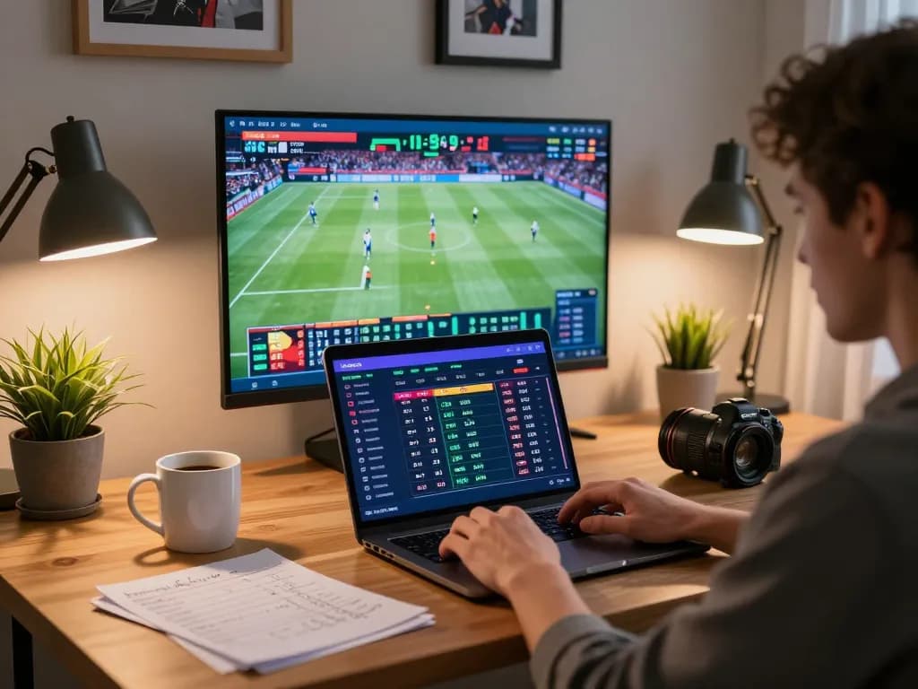 Betting enthusiast engaging with VA88 sports betting app on a laptop, capturing dynamic gaming moments.