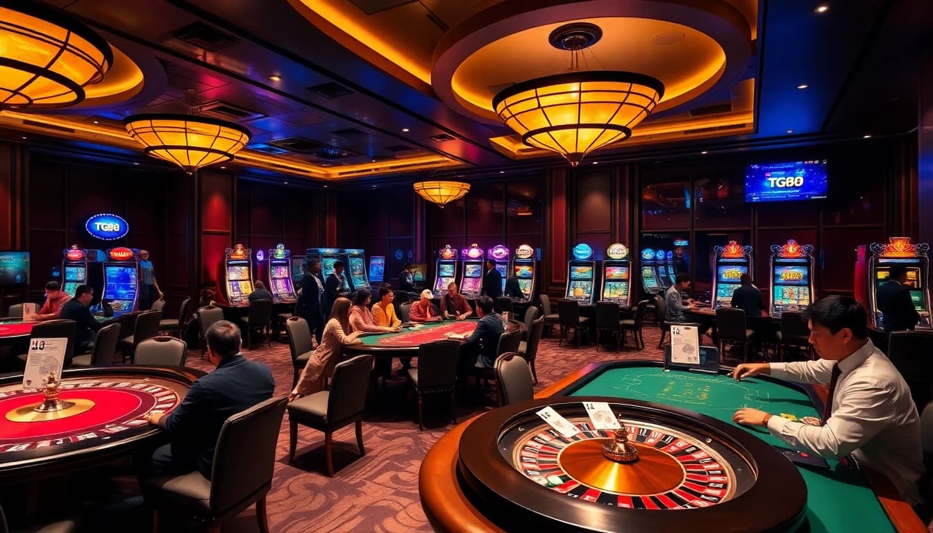 Engaging scene depicting players enjoying games at TG88 đăng nhập casino, featuring roulette wheels and slot machines.