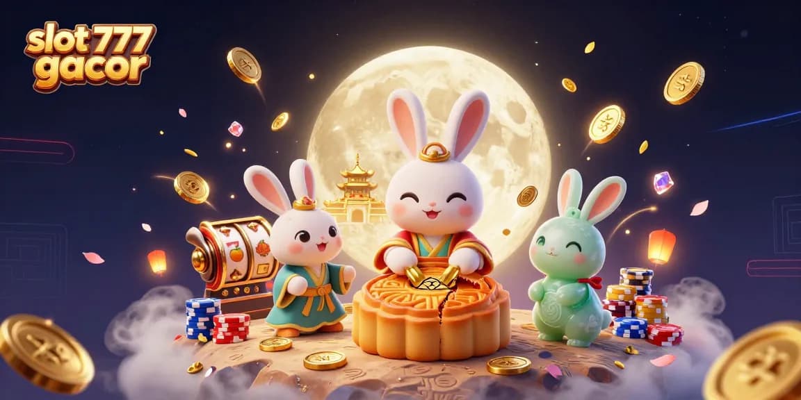 Engage with slot 777 gacor in this vibrant illustration featuring a moon rabbit and slot symbols.
